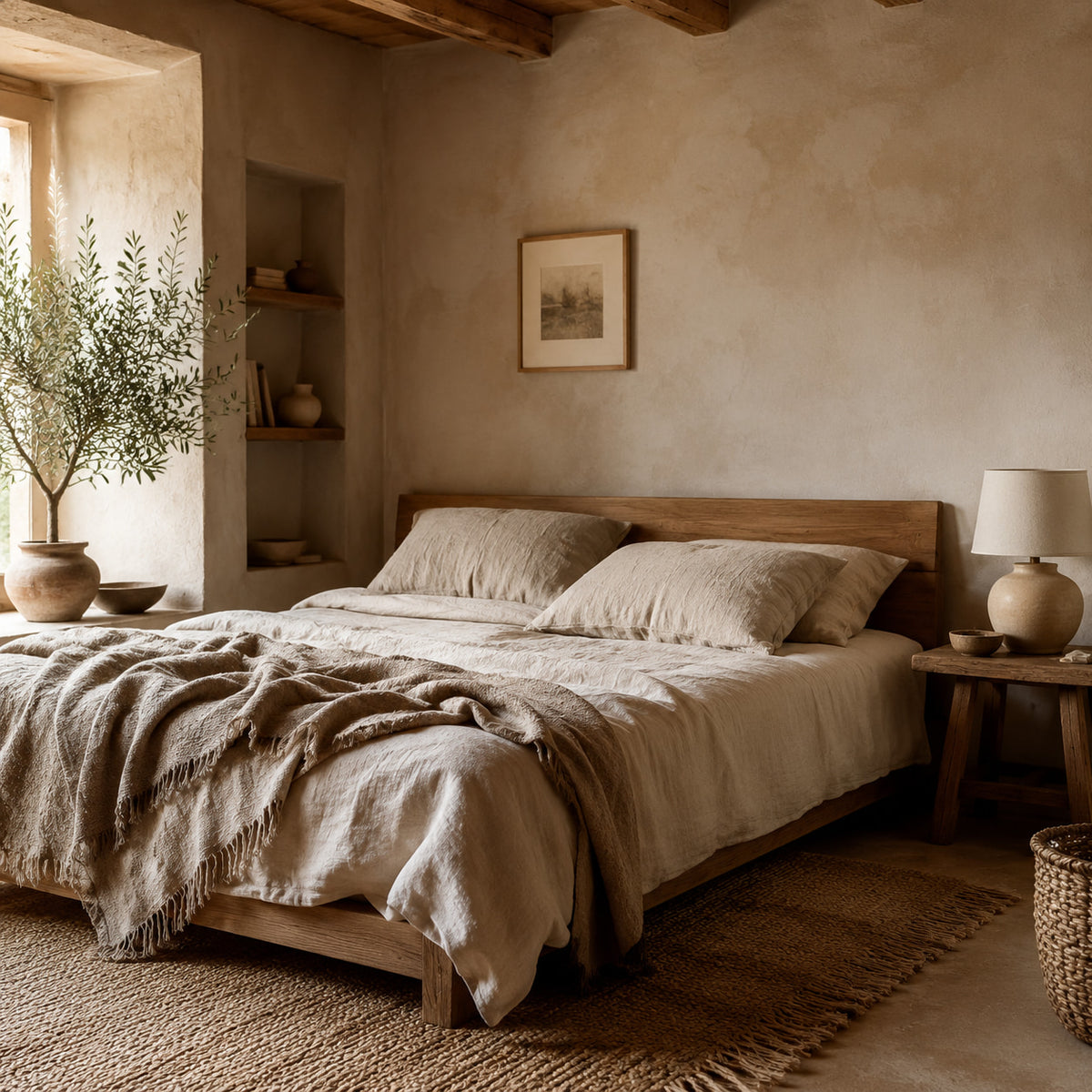 Relaxed bedroom decorated with linen and earthy tones