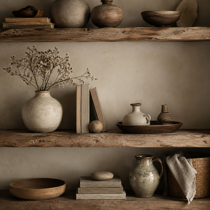 Handmade ceramic vases displayed on wooden shelves
