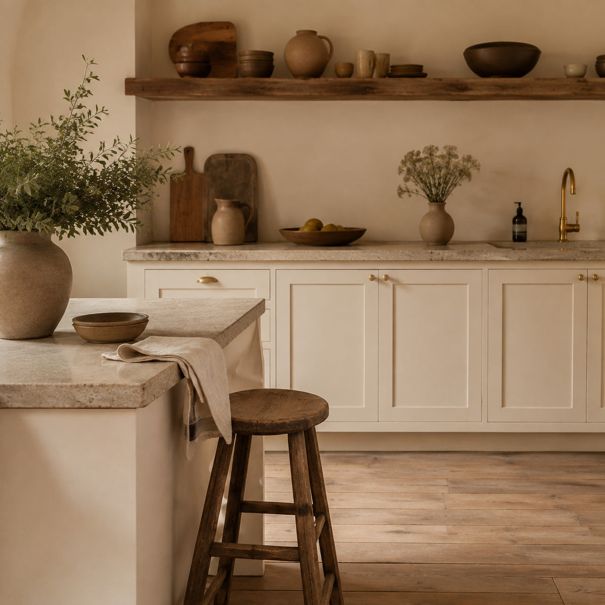 Uncluttered kitchen with natural textures and soft light