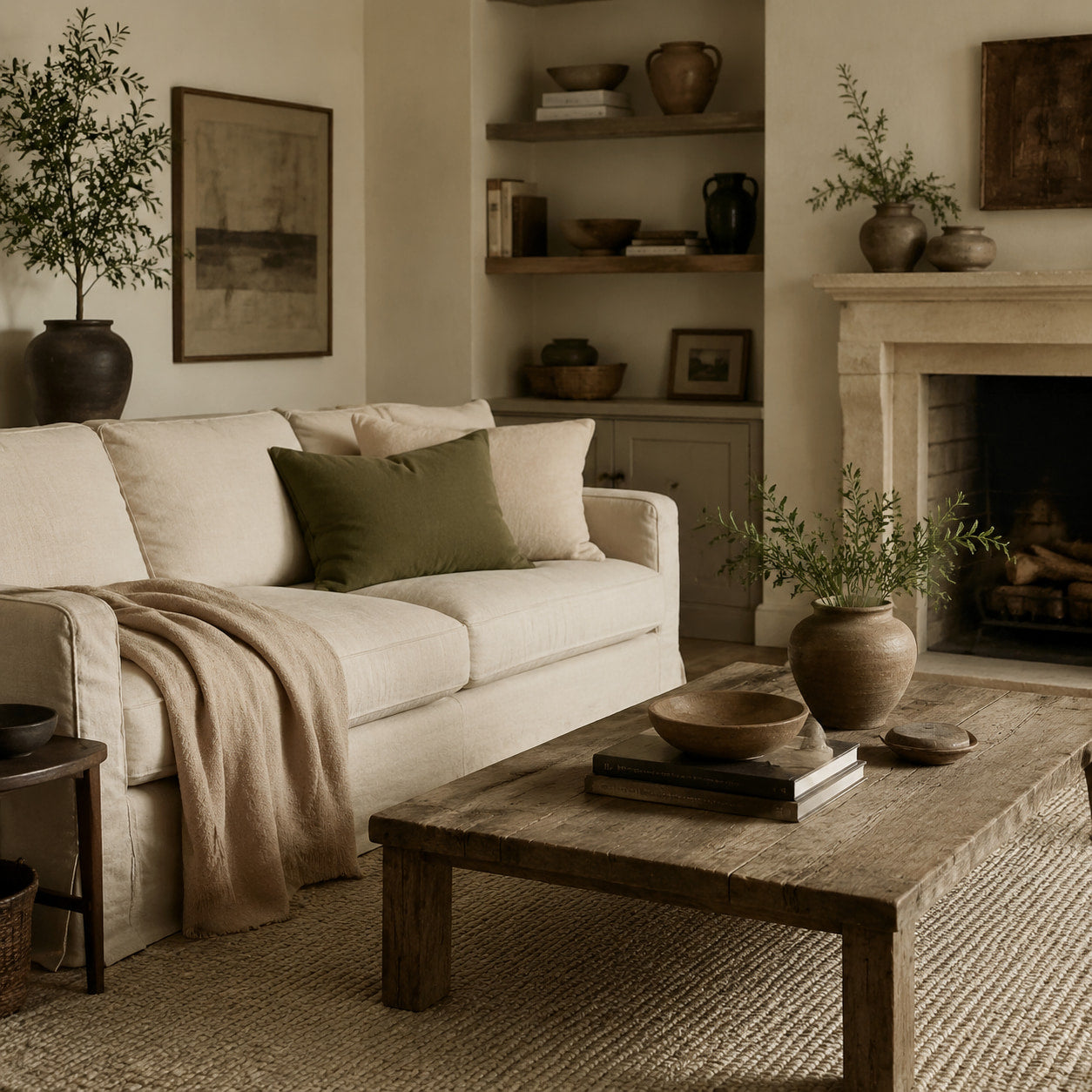 Calm slow decor living room with warm neutral colors