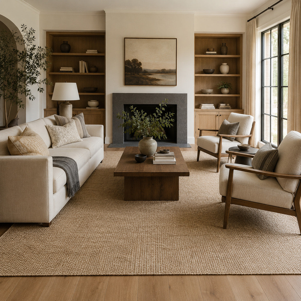 Correct large living room rug beneath sofa and armchairs