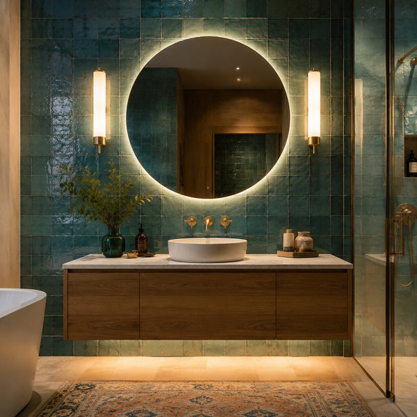 Turquoise bathroom with illuminated mirror and vanity lights