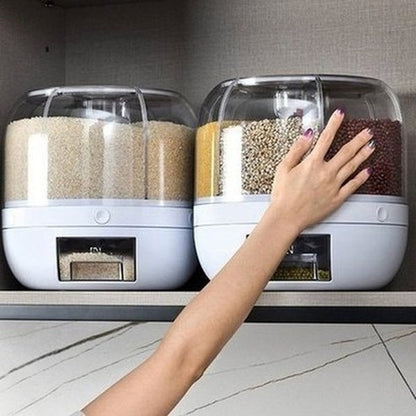 Clear 6 Grid Round Rice Cereal Organizer Container, 360° Rotating Grain Container, Dry Food Storage Box with Dispenser for Kitchen. Type: Food Storage Containers.