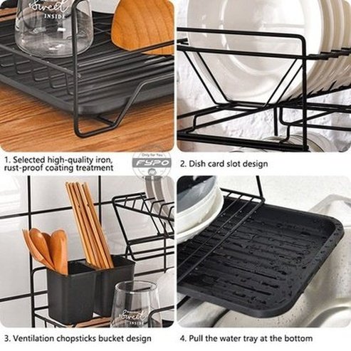 Iron Dish Drainer Organizer Dish Racks & Drain Boards Black Stainless Steel Mesh Dish Drainer with Tray · Dondepiso